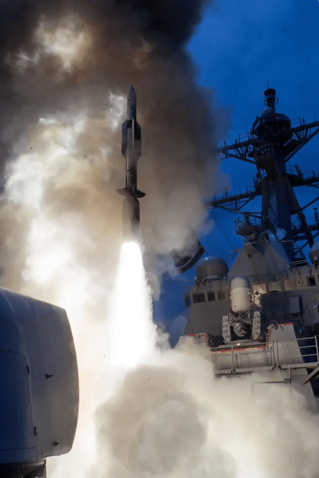 An SM-6 missile launching from the USS John Paul Jones