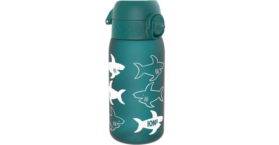 a green ion water bottle with sharks on it