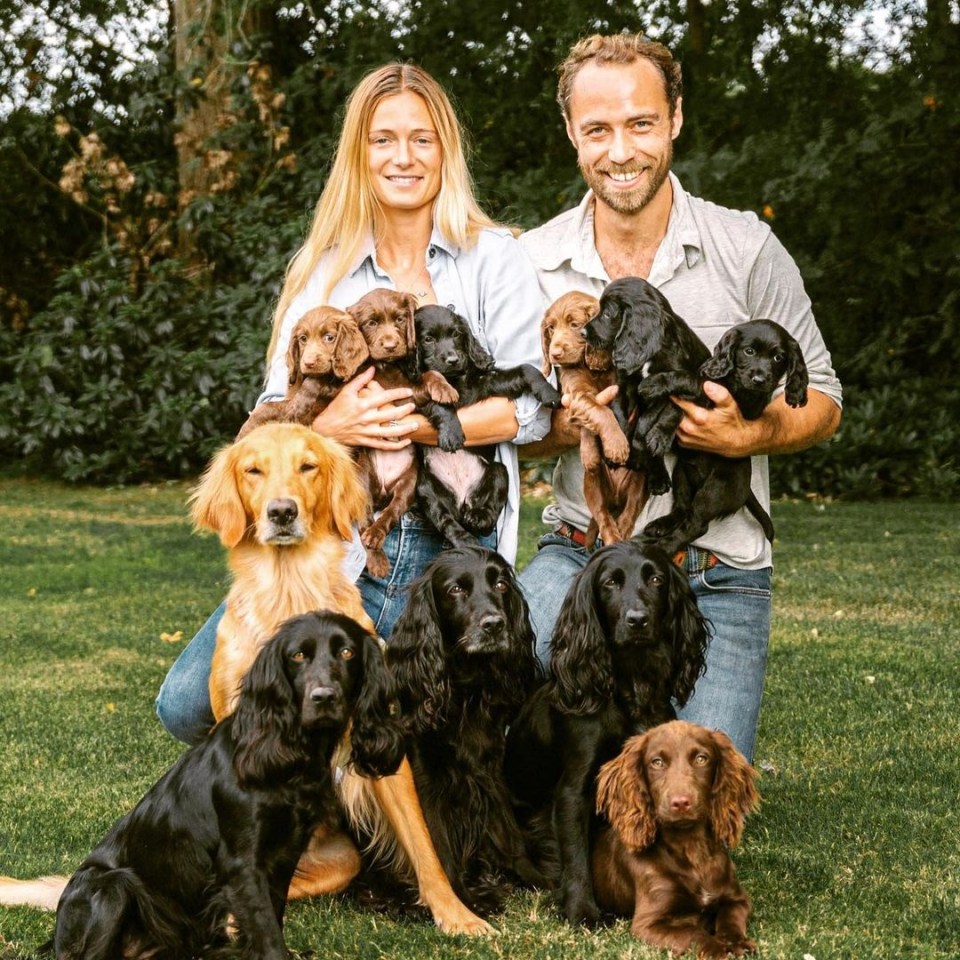 a man and a woman are posing for a picture with their dogs