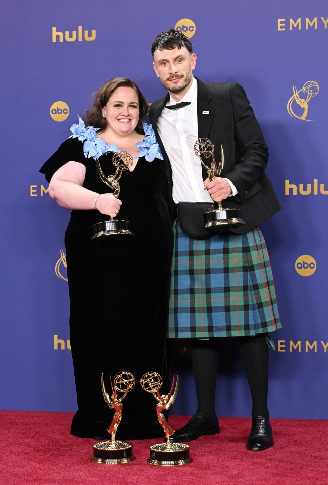 Richard Gadd and Jessica Gunning are seen with their awards