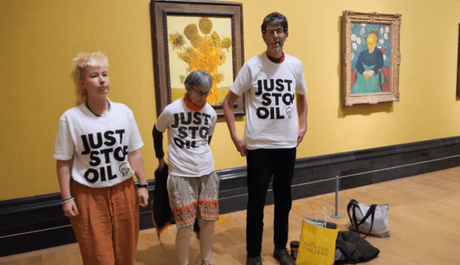 three people wearing shirts that say just stop oil