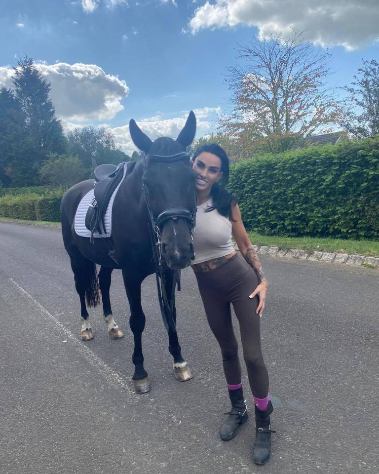 a woman stands next to a black horse on the side of the road