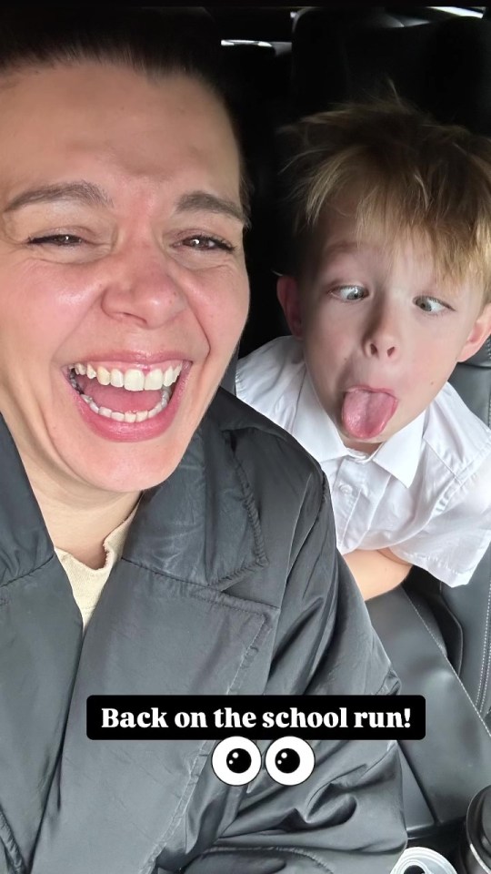 a little boy sticking his tongue out next to a woman that says back on the school run