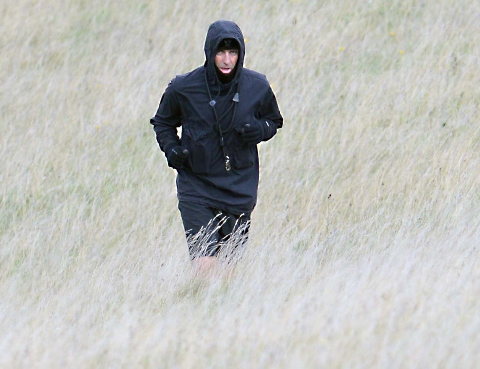 a person wearing a black jacket with a hood is running through a field