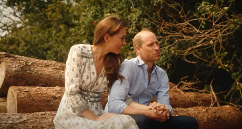 a man and a woman sit on a pile of logs holding hands