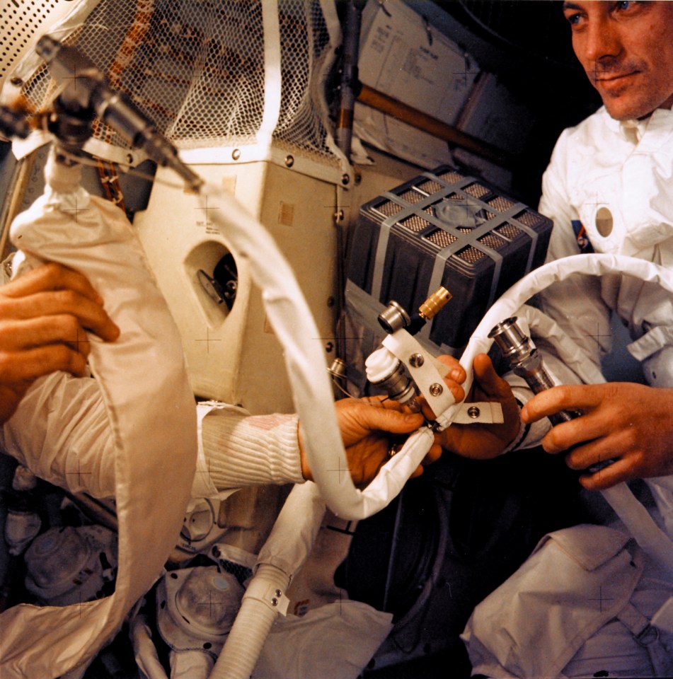 A NASA picture shows astronaut Fred Haise, working inside the Apollo 13 lunar module after the explosion of the ship’s oxygen tanks