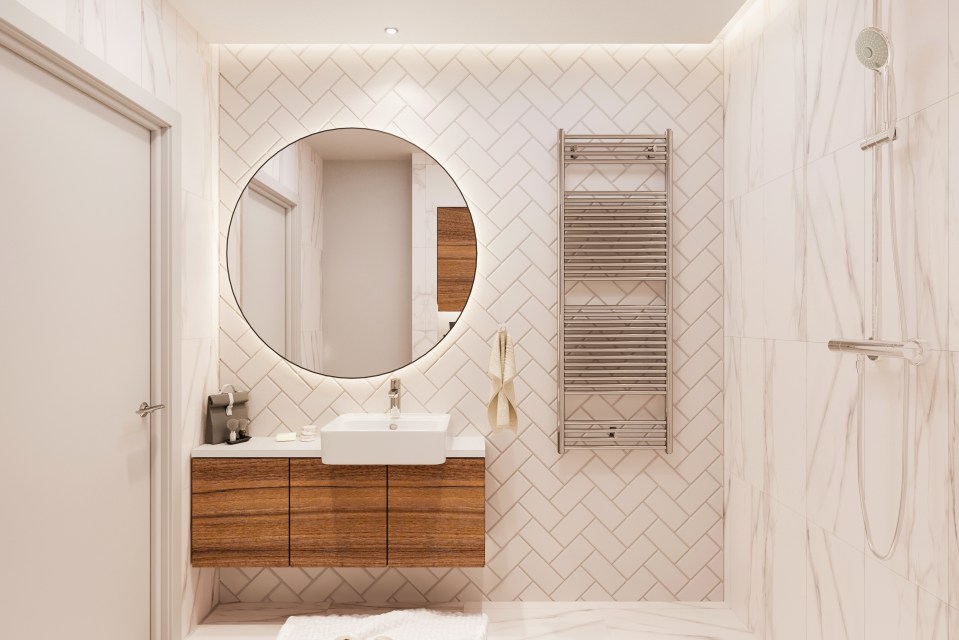 a bathroom with a sink a mirror and a towel rack