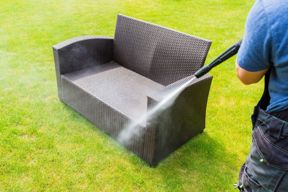 If you have furniture that can handle a pressure washer – such as rattan – you can wash it down in seconds