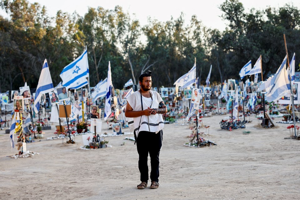 a man stands in front of a cemetery filled with flags