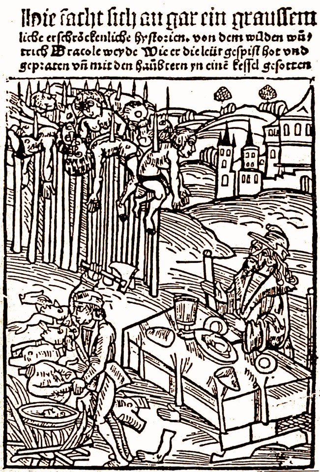 A drawing of Vlad III from 1560 shows the ruler impaling his enemies on huge spikes as he dines