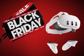 a virtual reality headset is sitting next to a black friday sale sign