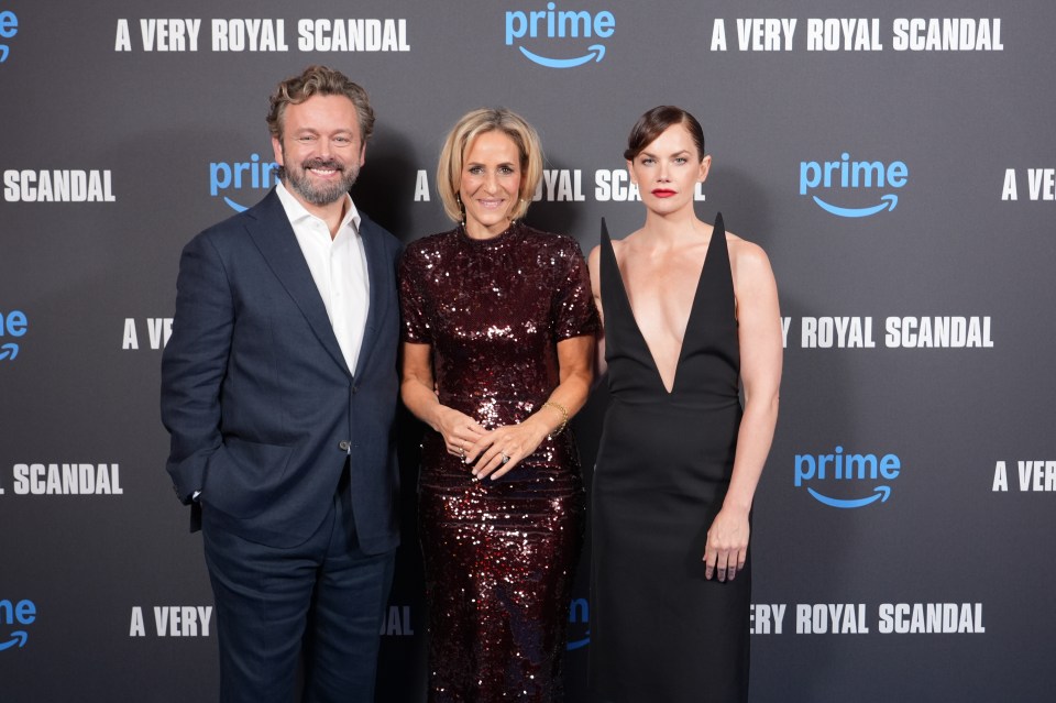 Emily Maitlis (centre) with Michael Sheen and Ruth Wilson at a screening for Prime Video's A Very Royal Scandal