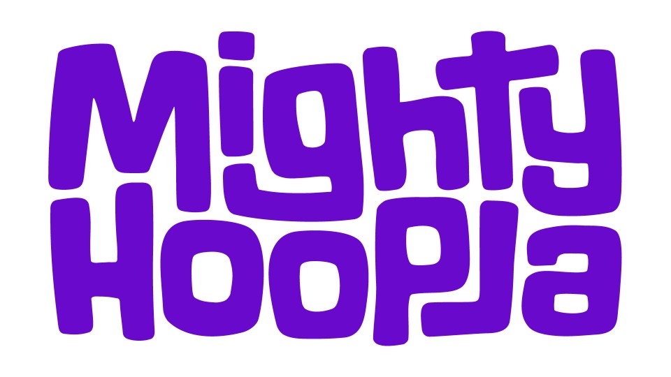 a purple mighty hoopla logo on a white background