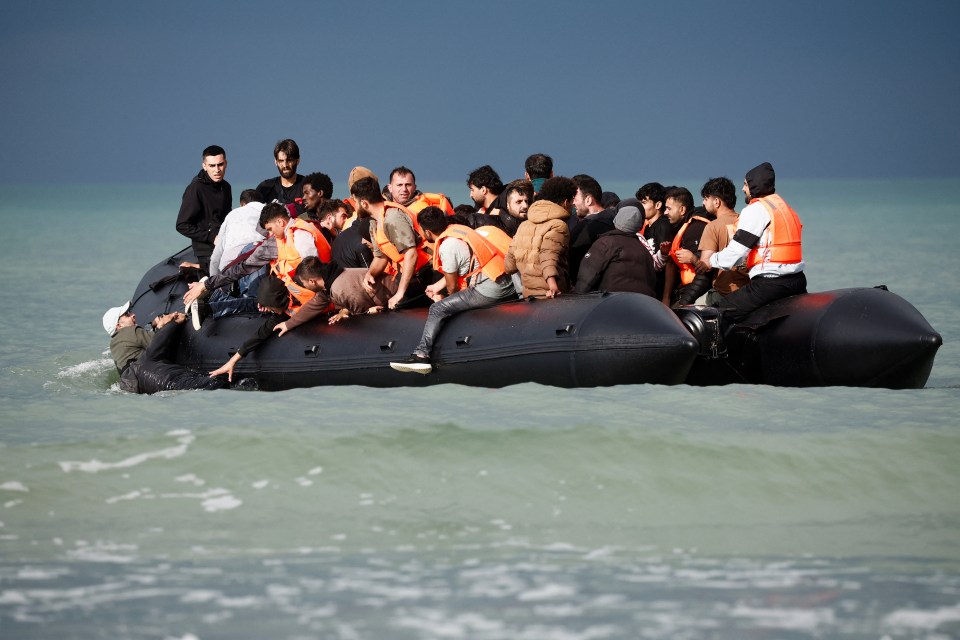 Migrants on an inflatable dinghy were seen attempting to cross the Channel today having set off from Wimereux in northern France