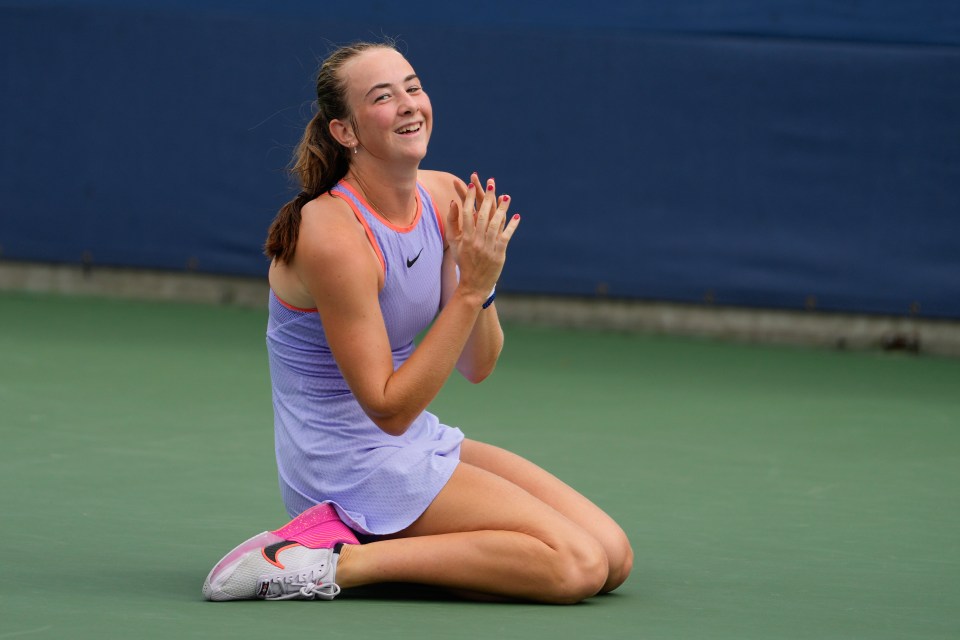 a woman wearing a purple nike top sits on a tennis court