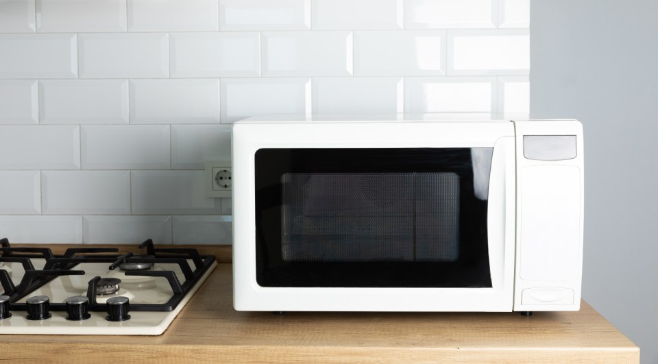 a white microwave sits on a counter next to a stove