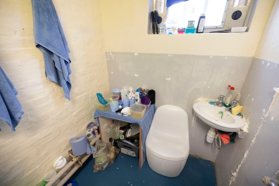 a bathroom with a toilet and a sink filled with various items