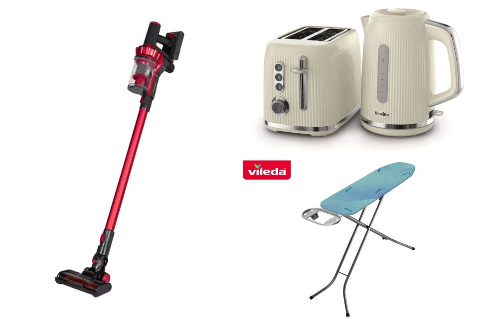 a vacuum cleaner a toaster a kettle and an ironing board from vileda