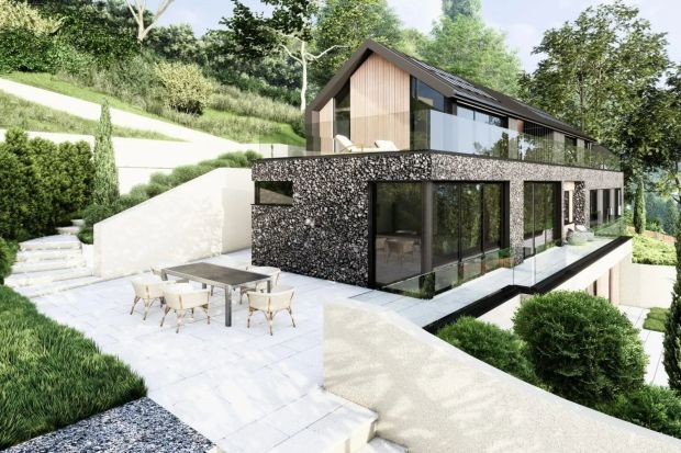 an artist 's impression of a house on a hillside