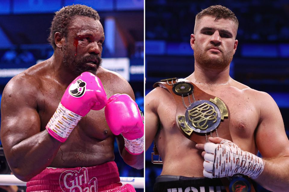 a man wearing pink boxing gloves stands next to another man