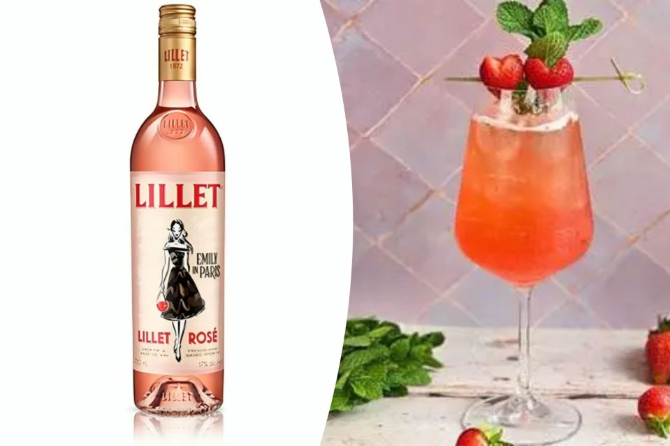 a bottle of lillet rose next to a glass of it