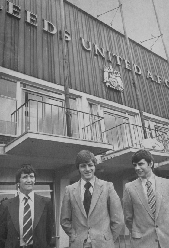 Leeds United manager Allan Clarke with his staff Barry Murphy (left) and Martin Wilkinson (right) pictured outside Leeds United ground at Elland Road. Date 17.09.1980.