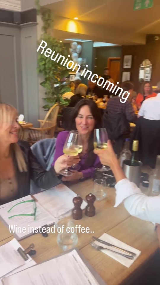 a group of people are sitting at a table with wine glasses and a caption that says reunion incoming