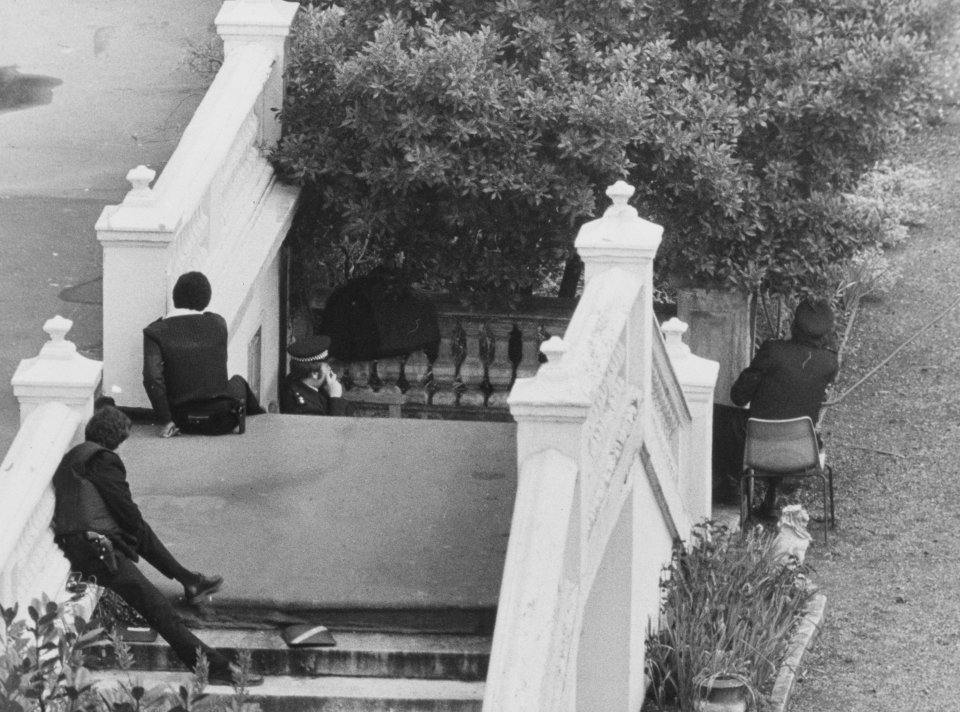 Armed police in a back garden at the rear of the Iranian Embassy during the siege