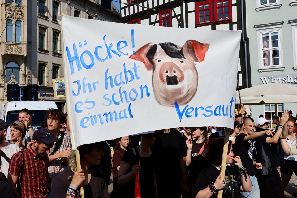 Demonstrators holding a banner against the AfD's leader