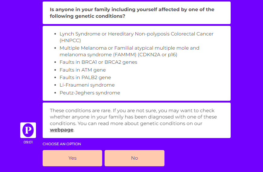 a screen asking if anyone in your family including yourself affected by one of the following genetic conditions