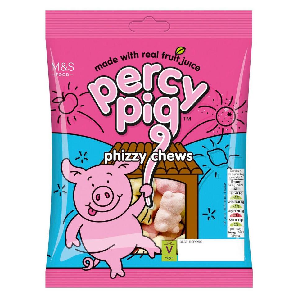 a bag of percy pig phizzy chews made with real fruit juice