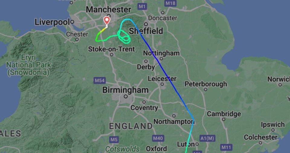 FlightRadar revealed the aircraft diverted while flying over Northamptonshire before landing in Manchester