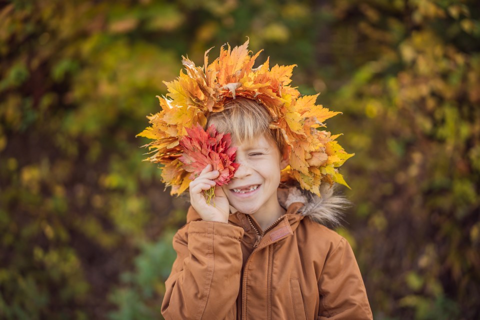 a young boy wearing a wreath of leaves on his head