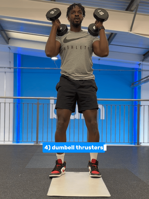 Push the dumbbells above your head before lowering them to squat