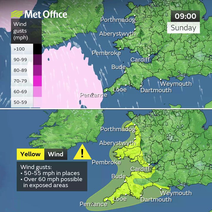 Wind speeds of up to 60mph are due to strike on Sunday