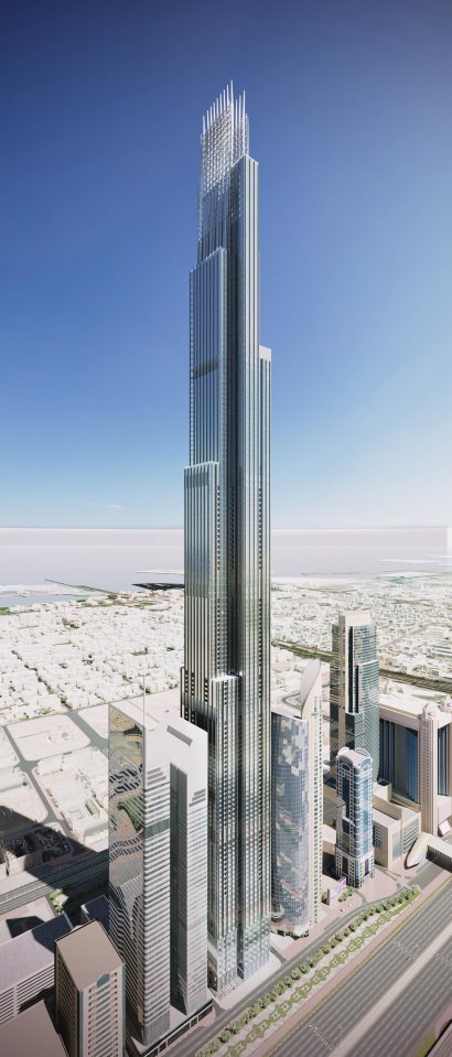 an artist 's impression of a very tall building in a city