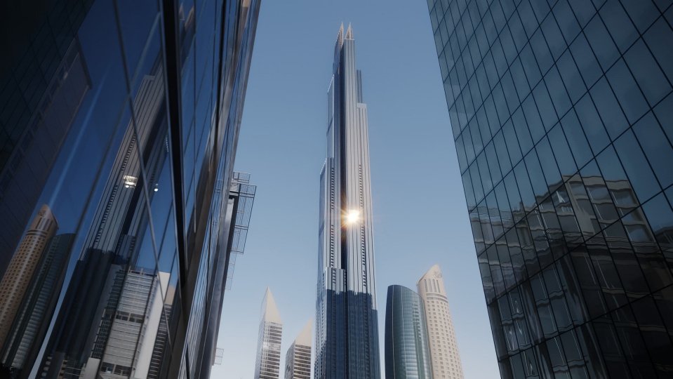 the sun is reflected in the windows of a tall building