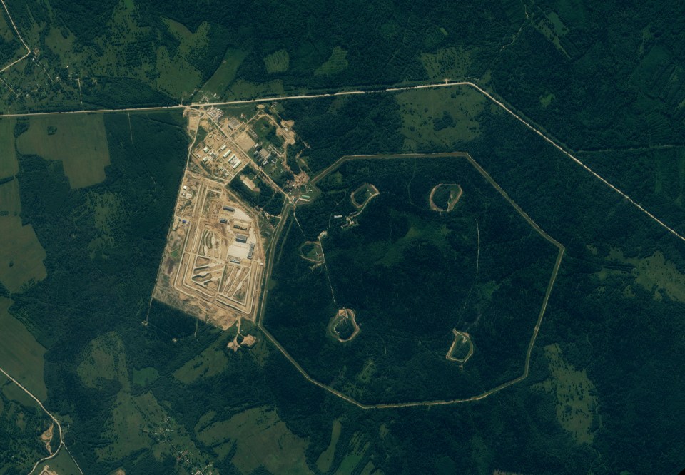 The satellite image which shows five nuclear warhead storage bunkers (right) as well as launch positions, according to researchers