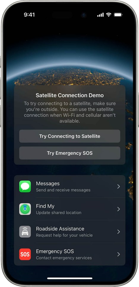 a phone screen shows a satellite connection demo