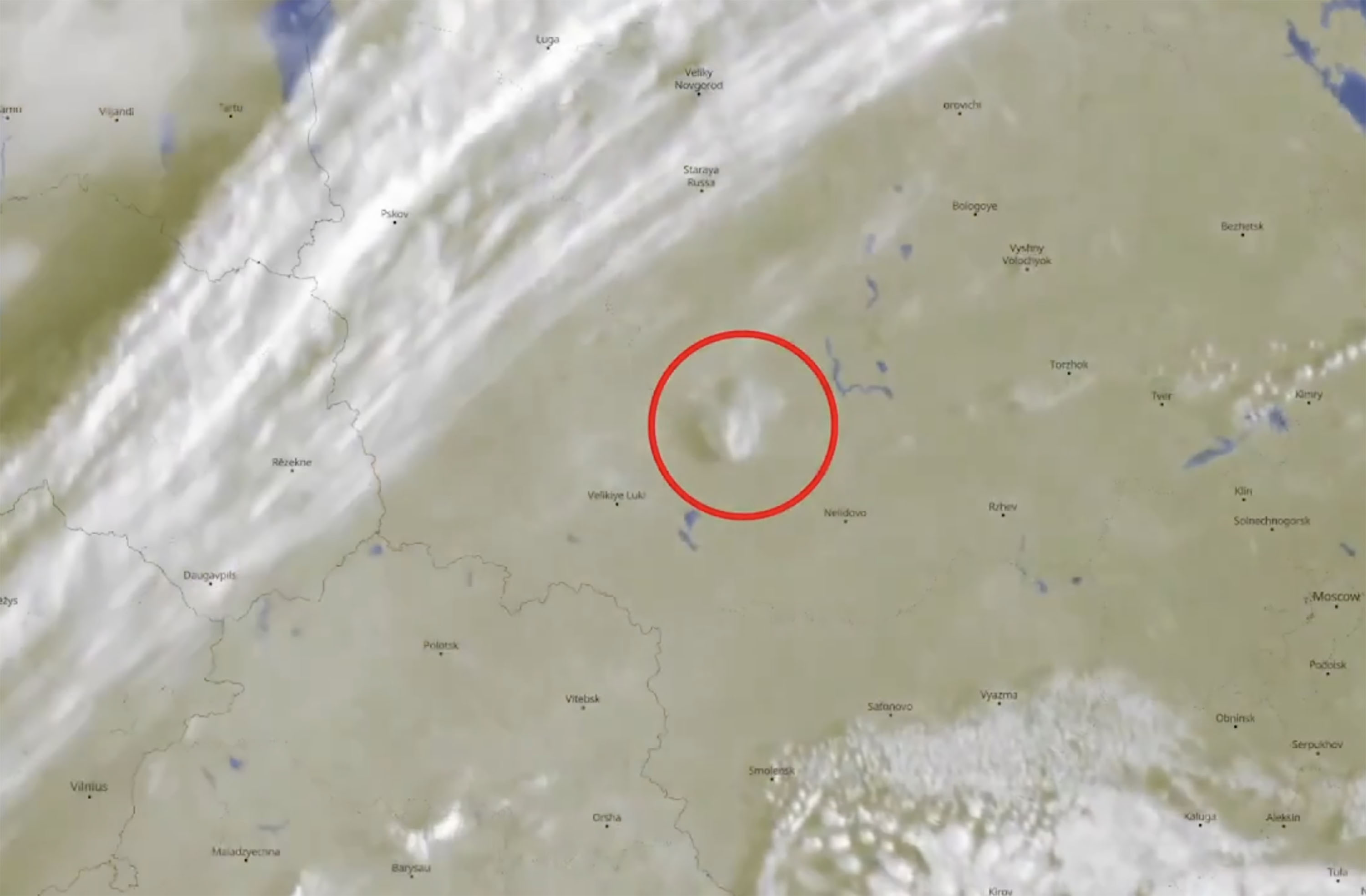 Satellite view shows smoke trail from the exploding missile and ammunition arsenal in Toropets, Tver region