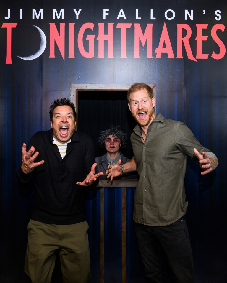 jimmy fallon and prince harry pose in front of jimmy fallon 's tonightmares sign