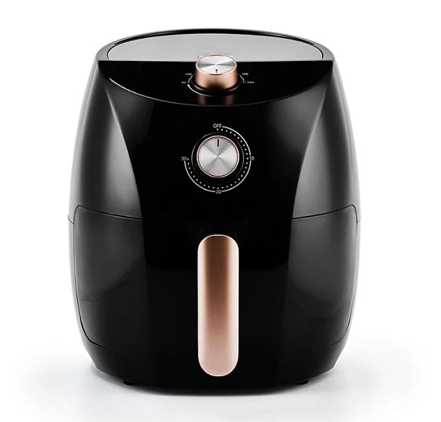 a black air fryer with a copper handle