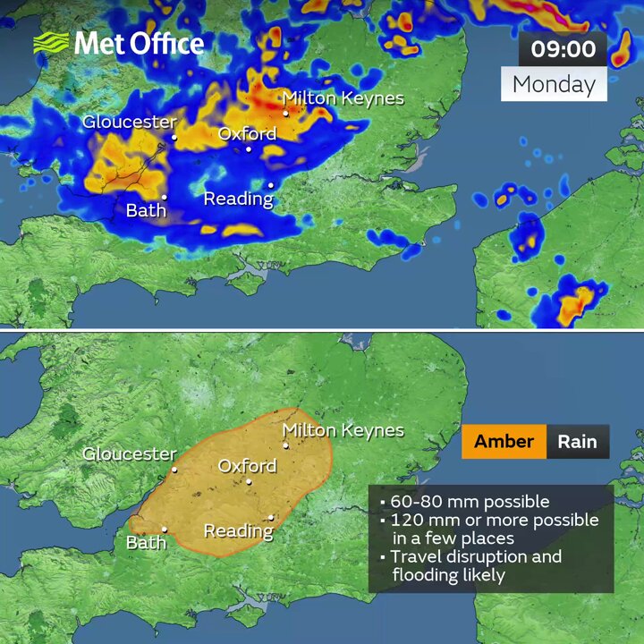 A deluge of rain is expected to hit Oxford as Met Office issued an amber alert