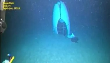 a scuba diver is looking at a large object in the ocean .