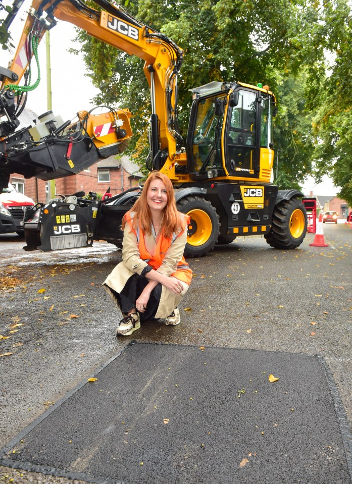 The Sun's Ashley Armstrong tries out JCB's new pothole repair vehicle