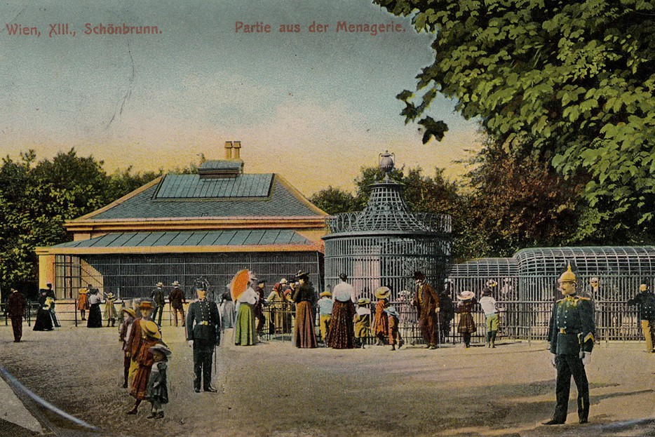 a postcard from wien xiii shows people in front of a building