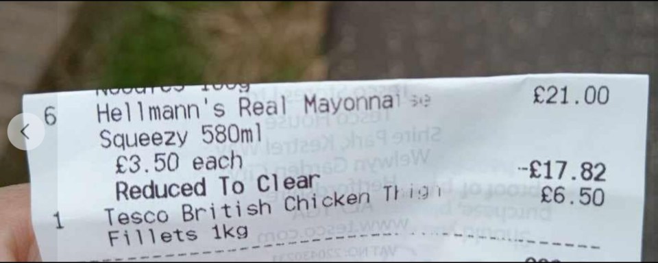 a receipt for a tesco british chicken thigh fillets