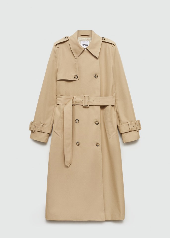 a tan trench coat with the word mango on the front