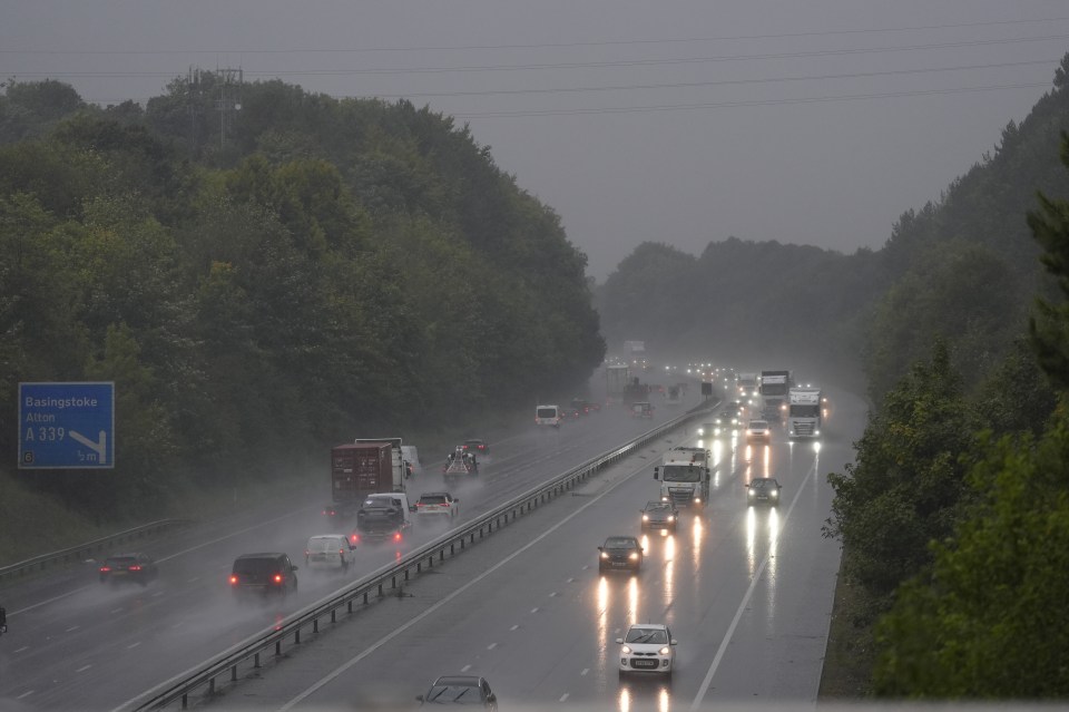 Miserable conditions for drivers on the M3 near Basingstoke in Hampshire