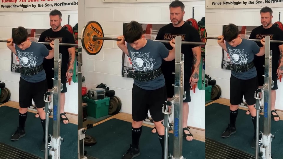 a man squatting with a barbell that says ' swank ' on it